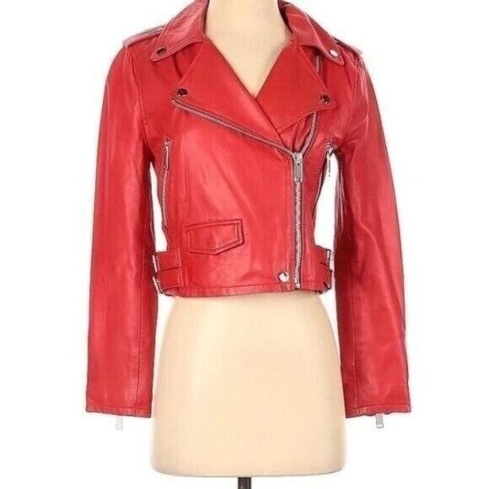 Walter Baker Liz Cropped Moto Leather Jacket in Ruby Red Sz S NEW